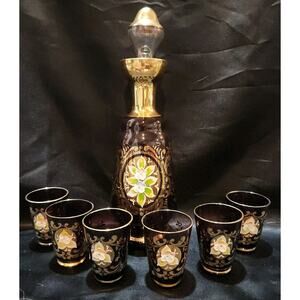 vntg Murano Bohemian amethyst glass decanter set hand-painted floral motifs 24K